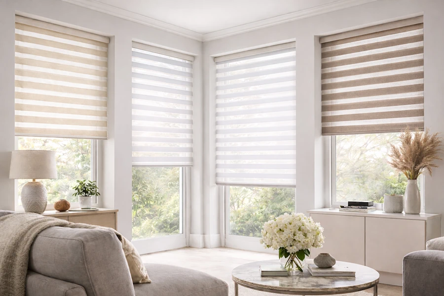 Day and night blinds with layered fabric bands